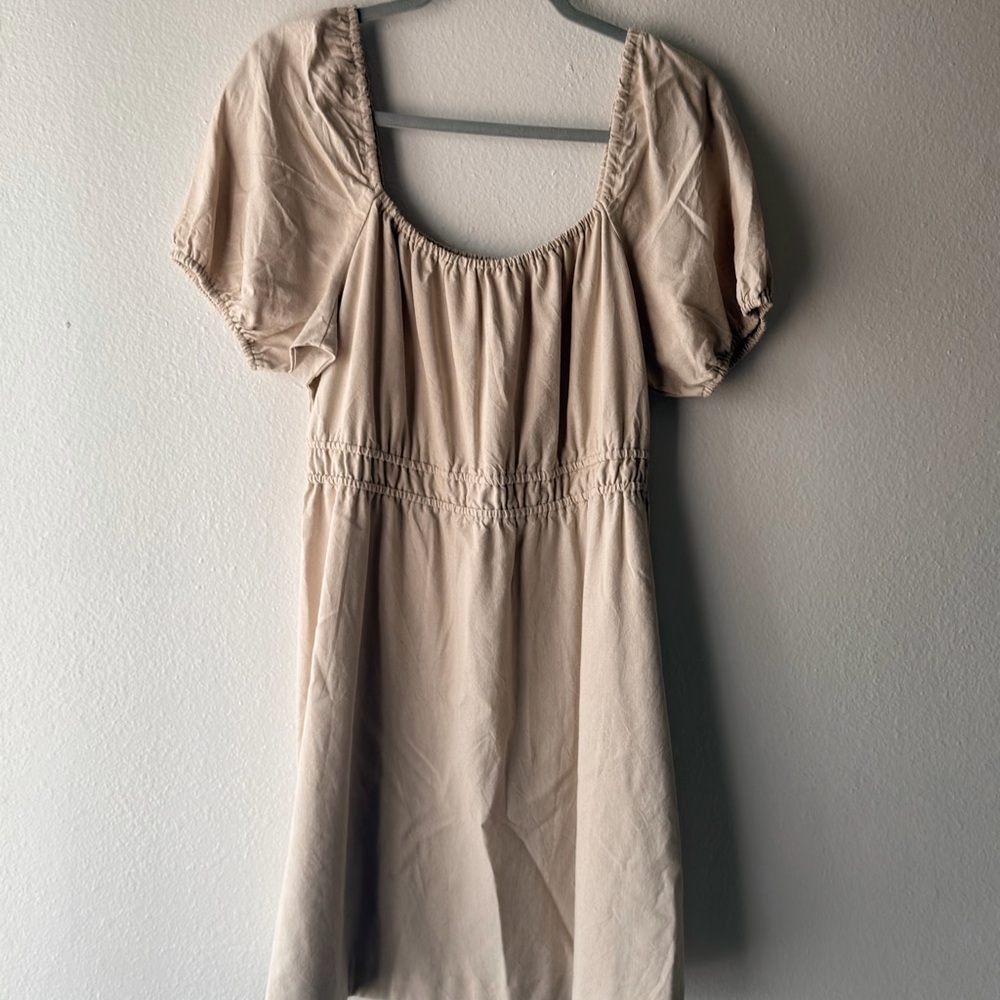 Elegant Beige Puff Sleeve Midi Dress